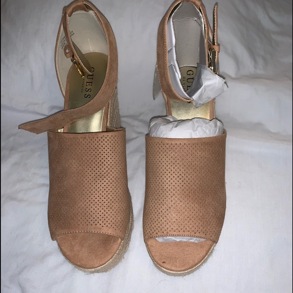 Guess Gfamadas Perforated Espadrille Wedges Tan - Picture 1 of 6